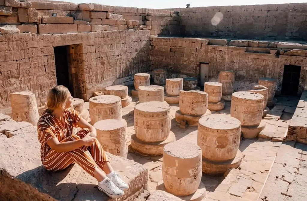 woman-traveler-ancient-columns-medinet-habu-egypt