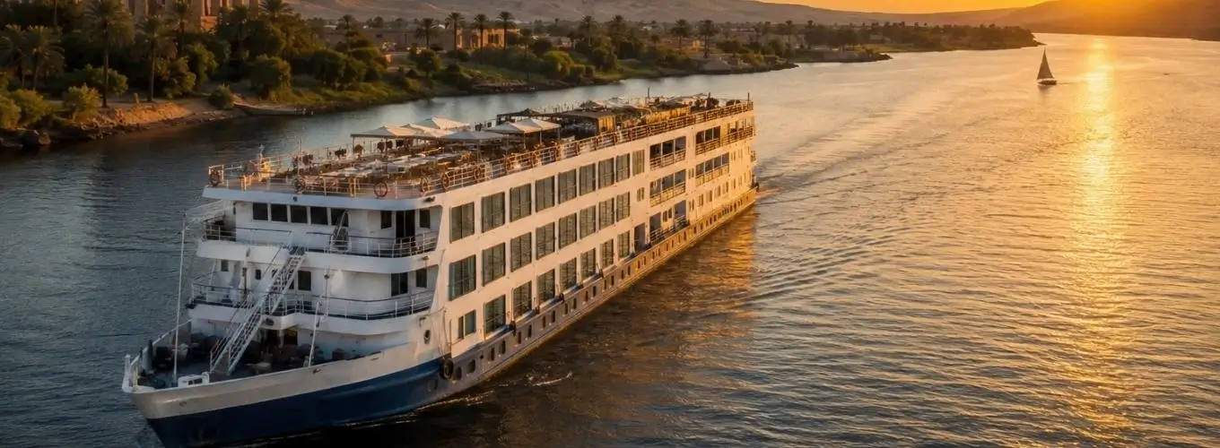 Large multi-deck Nile cruise ship sailing along the river in Egypt at sunset, representing the choice between a classic Nile cruise vs a Dahabiya sailing boat