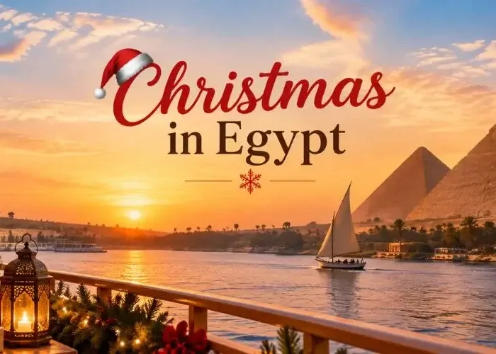 Decorated boat deck with text reading Christmas in Egypt, overlooking the Nile River, Pyramids, and Great Sphinx during sunset.