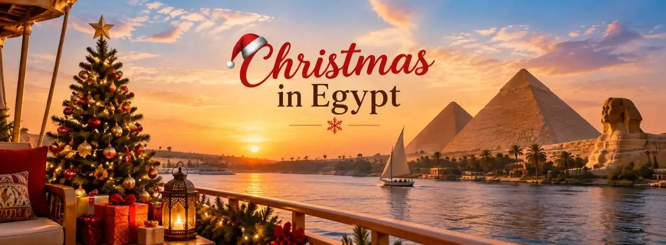 Decorated boat deck with text reading Christmas in Egypt, overlooking the Nile River, Pyramids, and Great Sphinx during sunset.