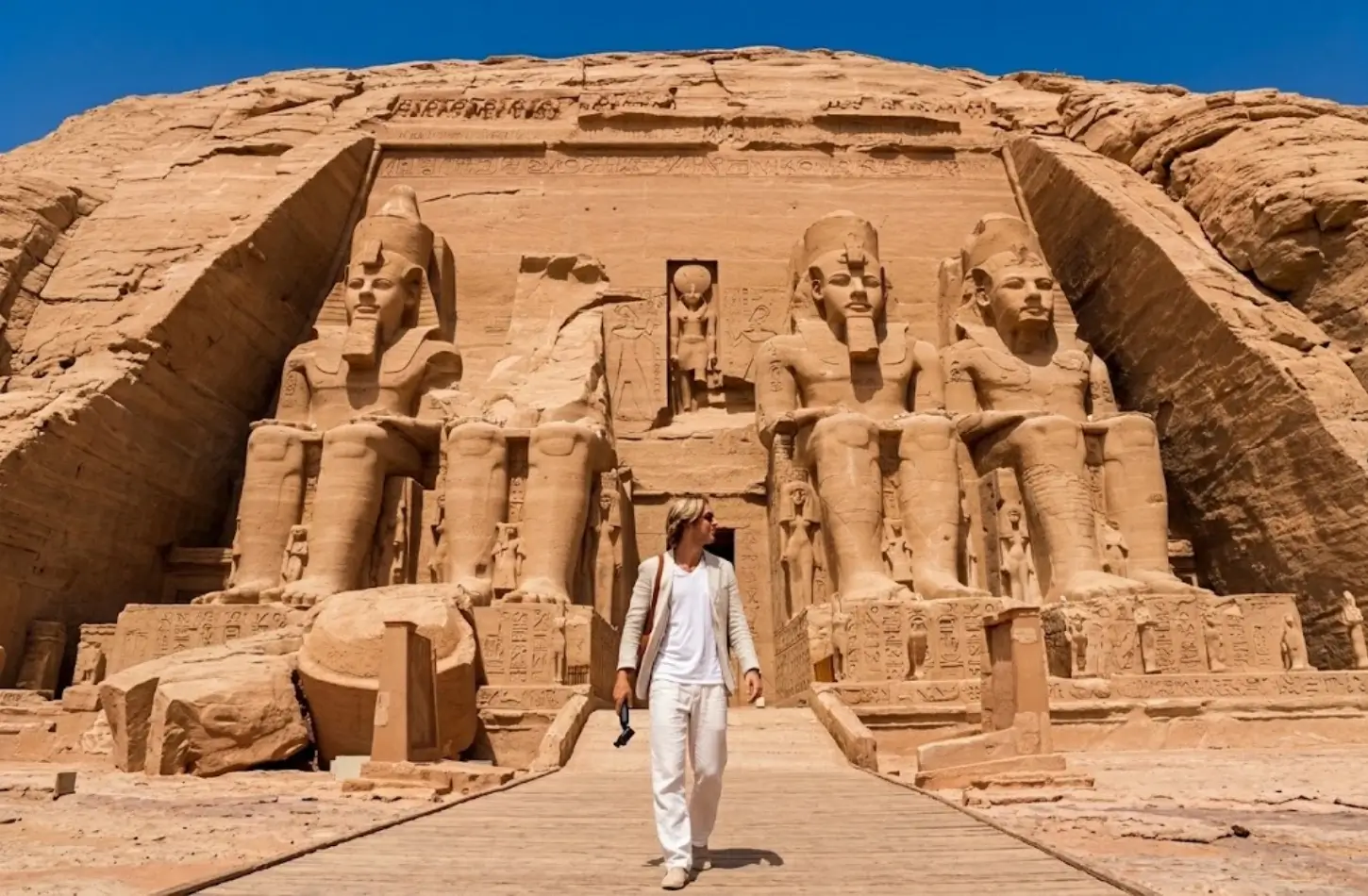 A traveler walking in front of the massive colossi statues at the Abu Simbel temples while visiting Egypt in January.