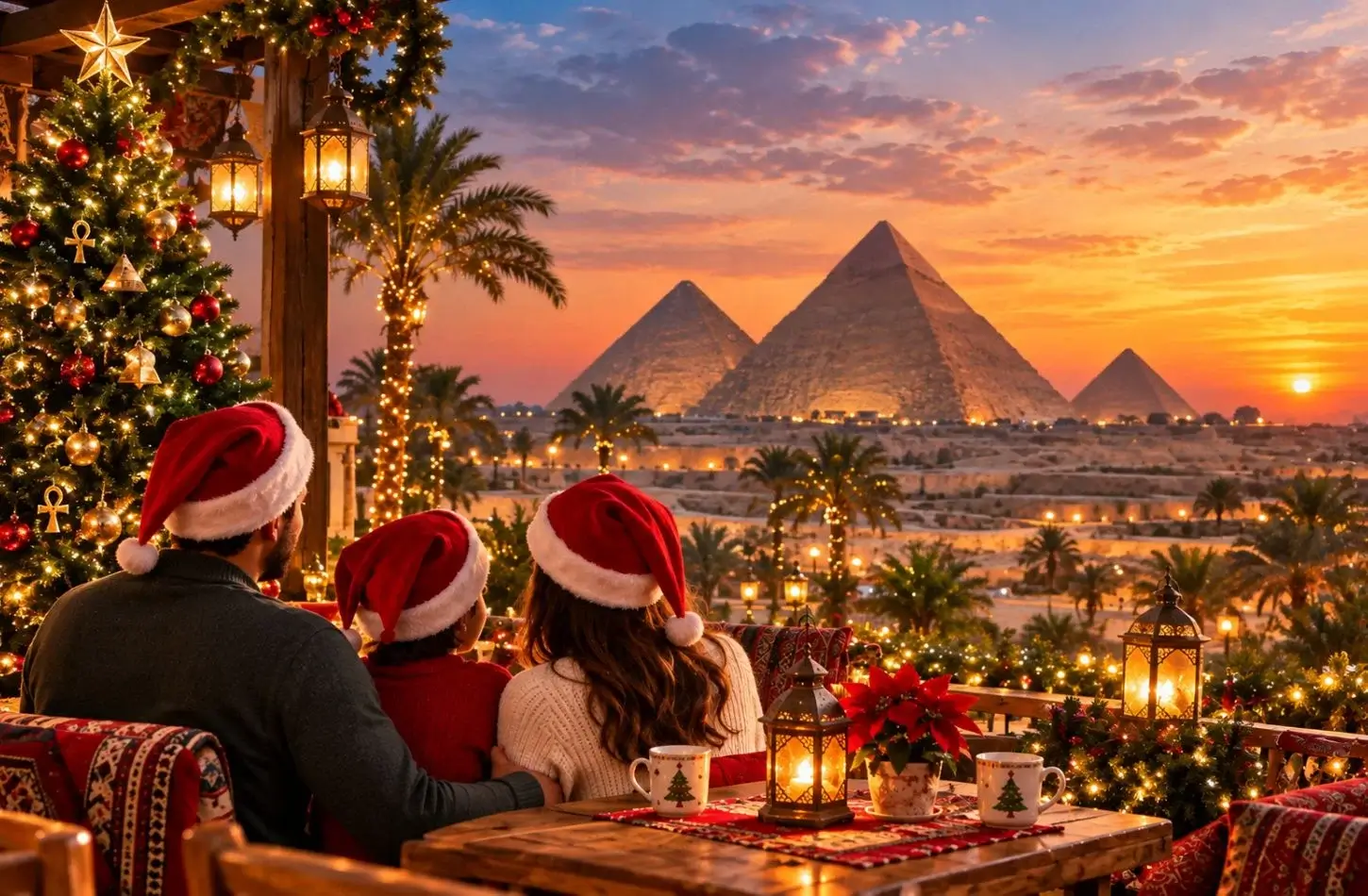 Family celebrating Christmas in Egypt on a decorated balcony with a Christmas tree, looking at the Giza Pyramids during sunset.